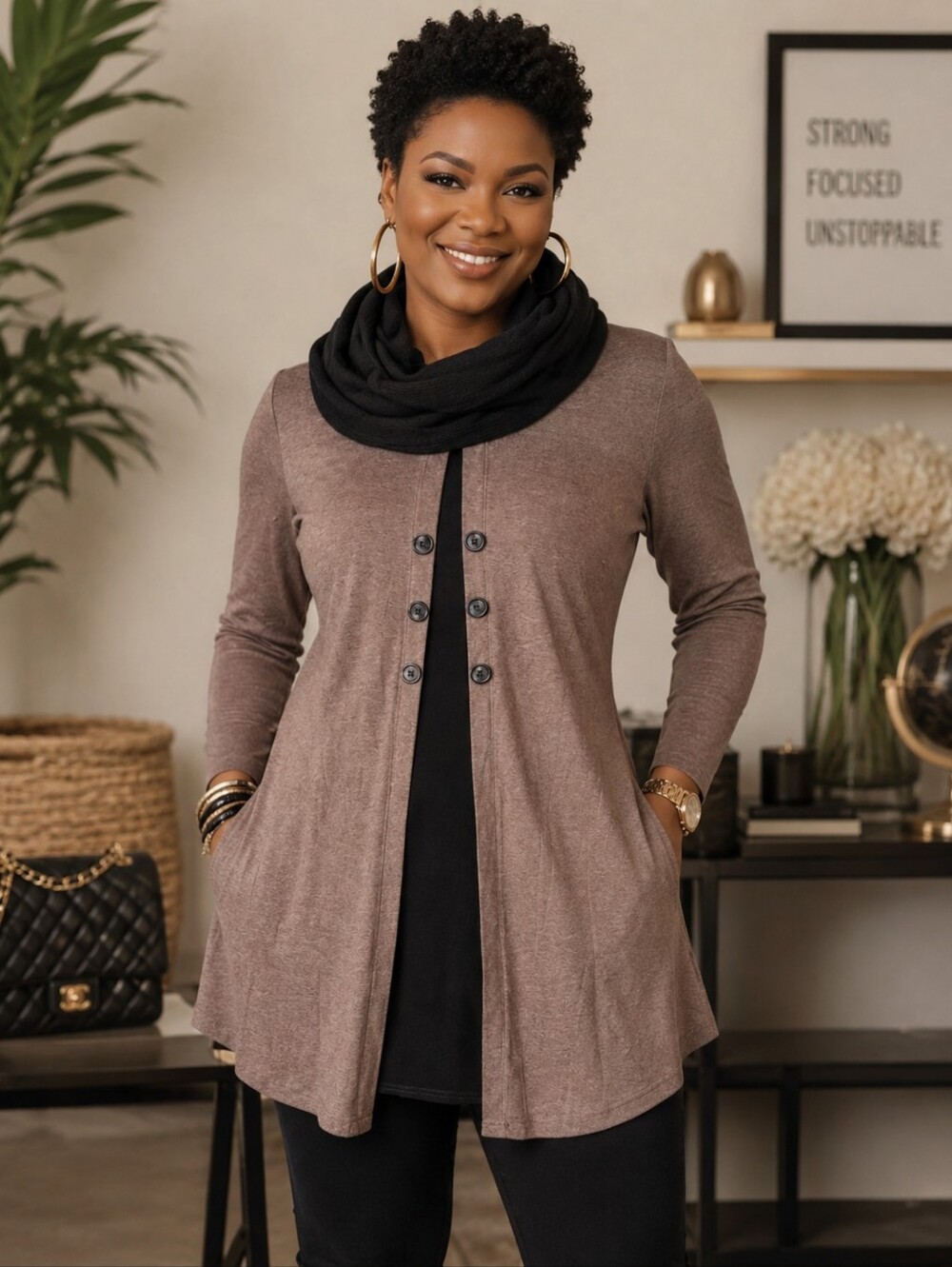 Bebonnie Long Tan and Black A-line Cowl Neck Tunic. Size M